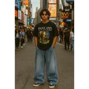 Vintage Animal Elephant Thailand Front/Back Black Tee Size L 100% Cotton Y2K